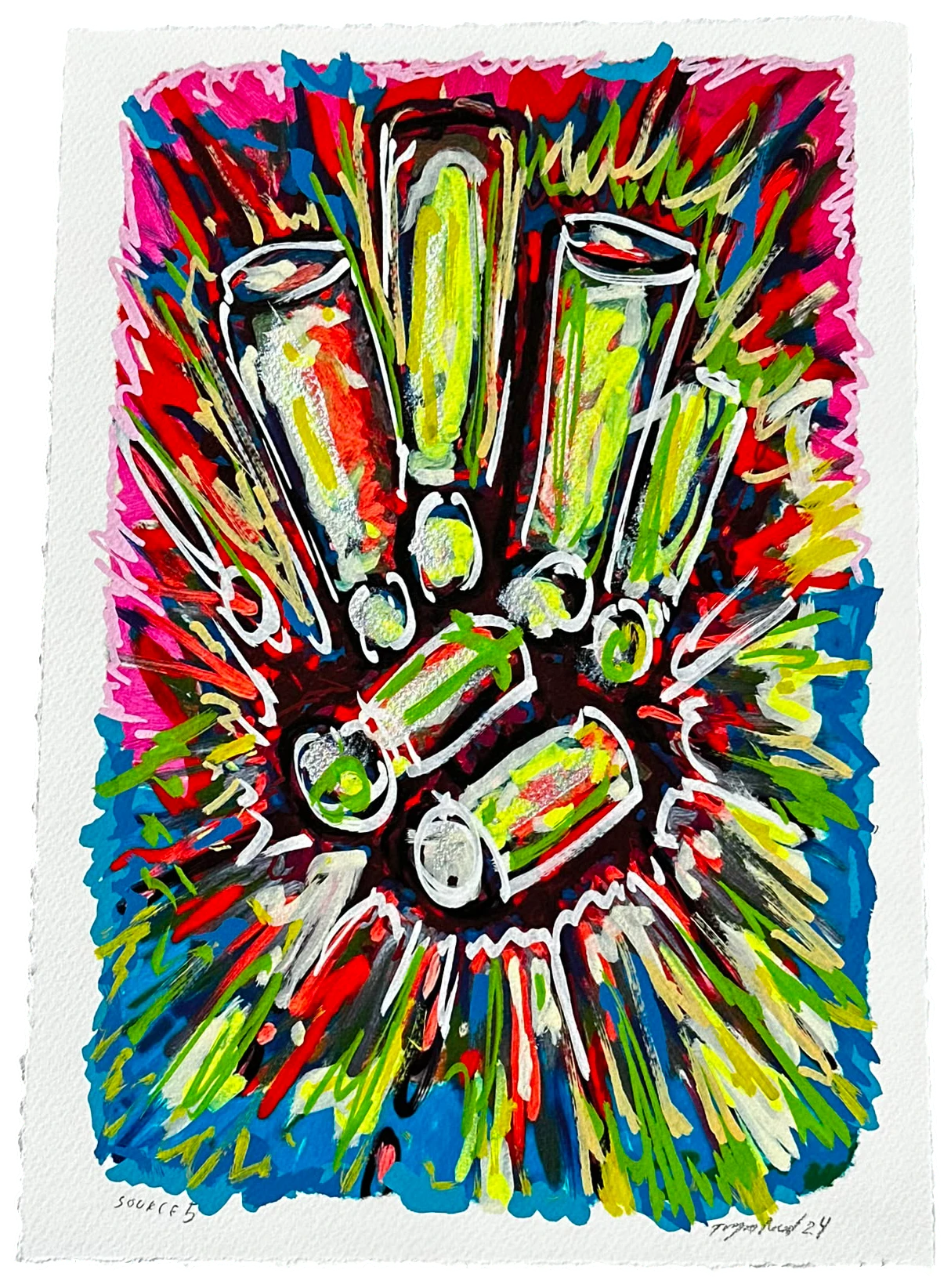 Source 5 V001, Acrylic and print on paper, torn edges, 2024