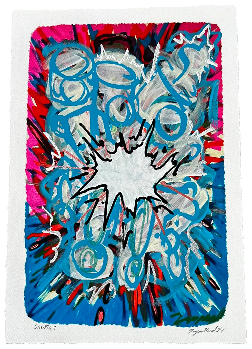Source 5 V004, Acrylic and print on paper, torn edges, 2024