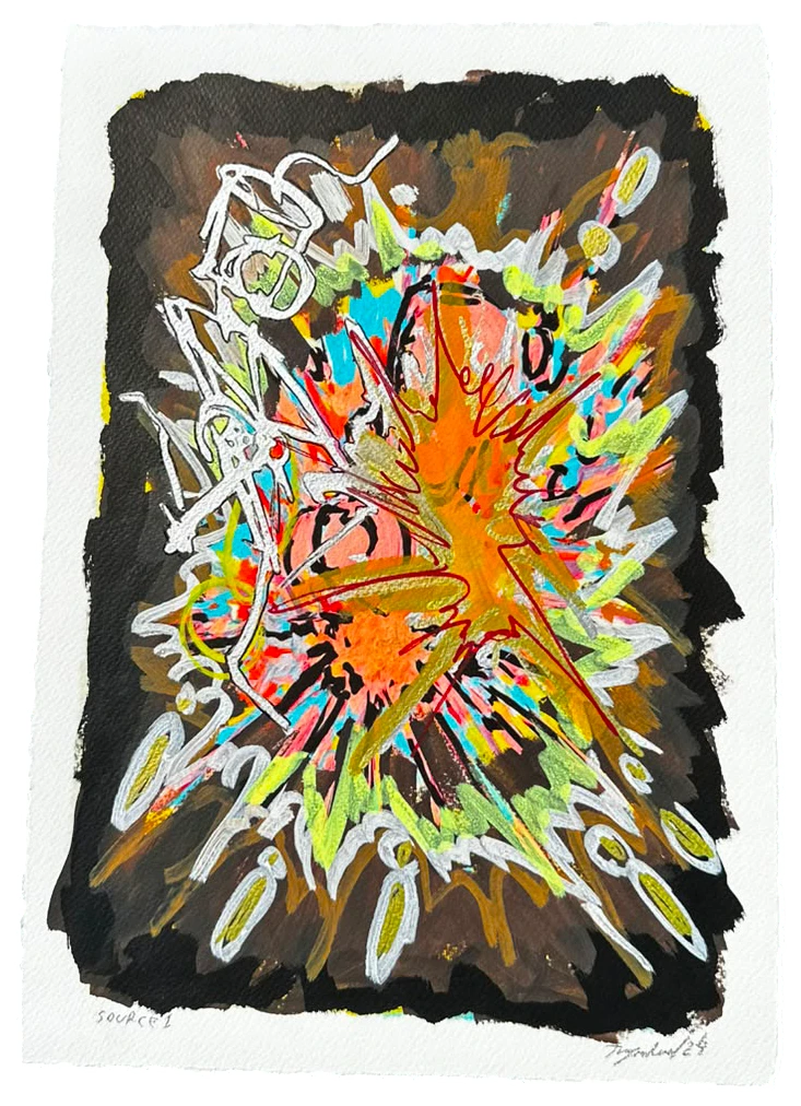 Source 1 V003, Acrylic and print on paper, torn edges, 2024